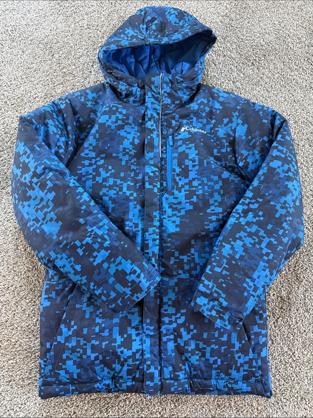 Columbia Blue Pixel Camo Hooded Puffer Jacket Size L